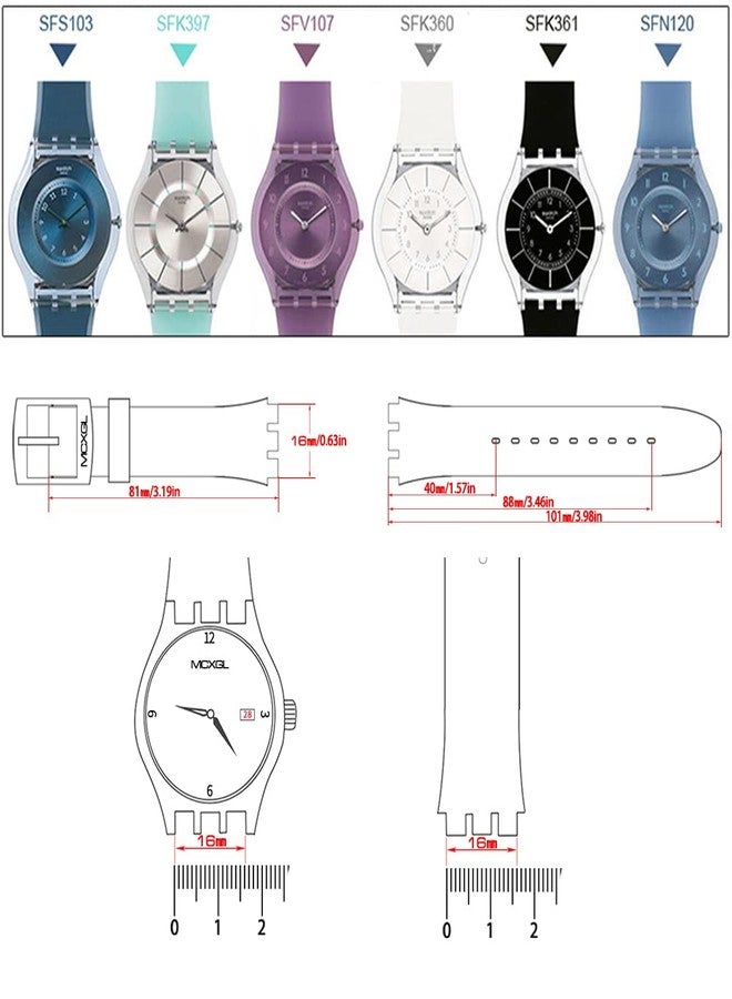 MCXGL silicone replacement strap ultra-thin ladies watch band compatible with swatch skin series no second watch (16mm) - Image 3
