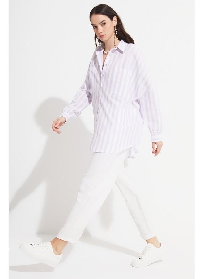 June Women Exclusive Elastic Waist Viscose Blend Jogger Woven Trouser Ecru - Image 5