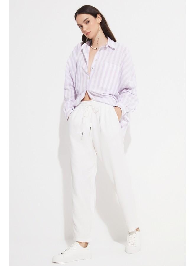 June Women Exclusive Elastic Waist Viscose Blend Jogger Woven Trouser Ecru - Image 2