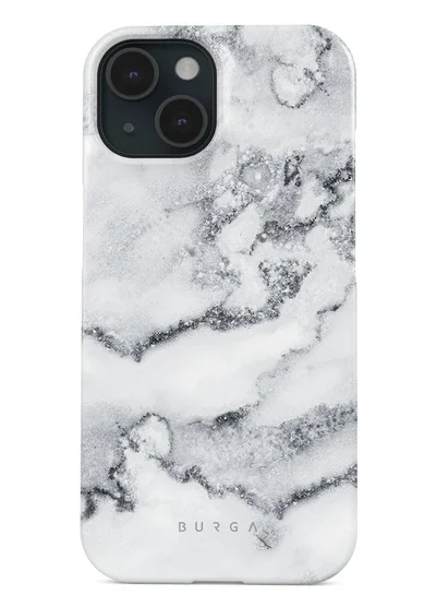BURGA iPhone 15 Case, 2 Piece Hard Shell + TPU Silicone Interior, Shock Absorption, All Port Accessible, Raised Bezel For Screen & Camera Protection, Never Fading HQ Print,White Winter