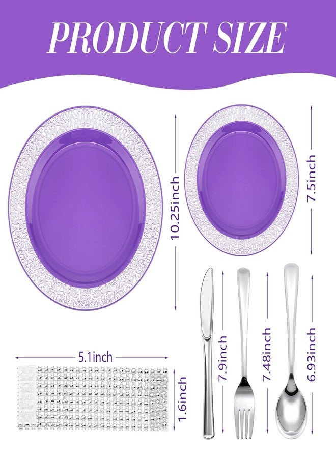 SiliFine 300 Pcs Purple Silver Plastic Dinnerware Set for 50 Guest Include 50 Lace Design Plate, 50 Knives, 50 Fork, 50 Spoon, 50 Napkin Buckle, Purple Disposable Dinner Plate for Wedding Party - Image 2