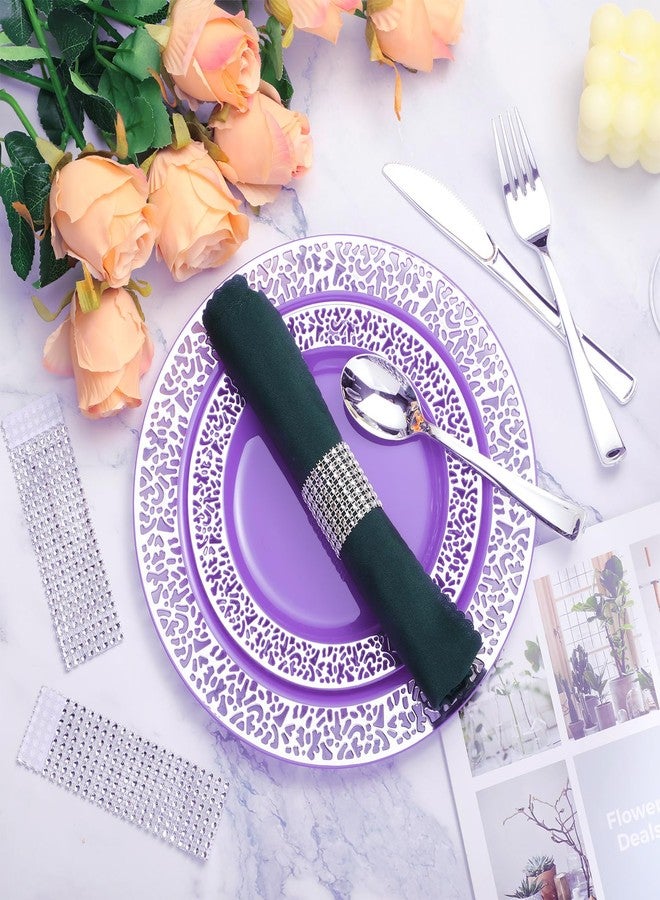 SiliFine 300 Pcs Purple Silver Plastic Dinnerware Set for 50 Guest Include 50 Lace Design Plate, 50 Knives, 50 Fork, 50 Spoon, 50 Napkin Buckle, Purple Disposable Dinner Plate for Wedding Party - Image 5