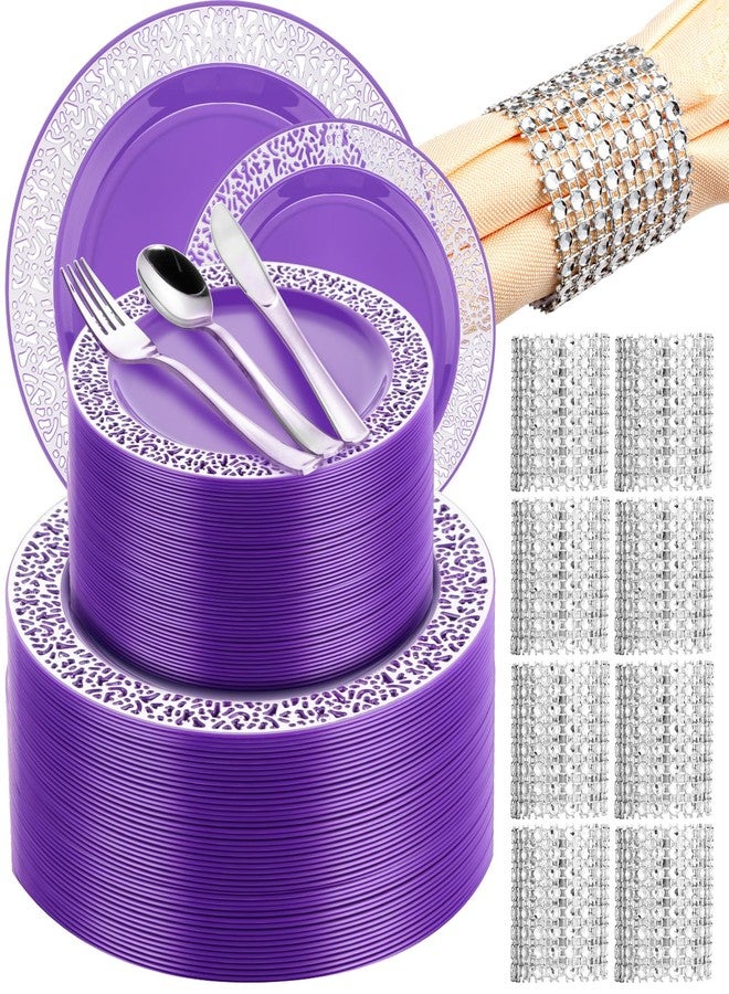 SiliFine 300 Pcs Purple Silver Plastic Dinnerware Set for 50 Guest Include 50 Lace Design Plate, 50 Knives, 50 Fork, 50 Spoon, 50 Napkin Buckle, Purple Disposable Dinner Plate for Wedding Party - Image 1