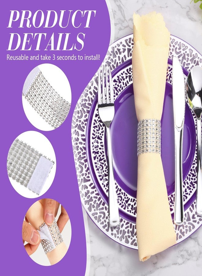 SiliFine 300 Pcs Purple Silver Plastic Dinnerware Set for 50 Guest Include 50 Lace Design Plate, 50 Knives, 50 Fork, 50 Spoon, 50 Napkin Buckle, Purple Disposable Dinner Plate for Wedding Party - Image 3