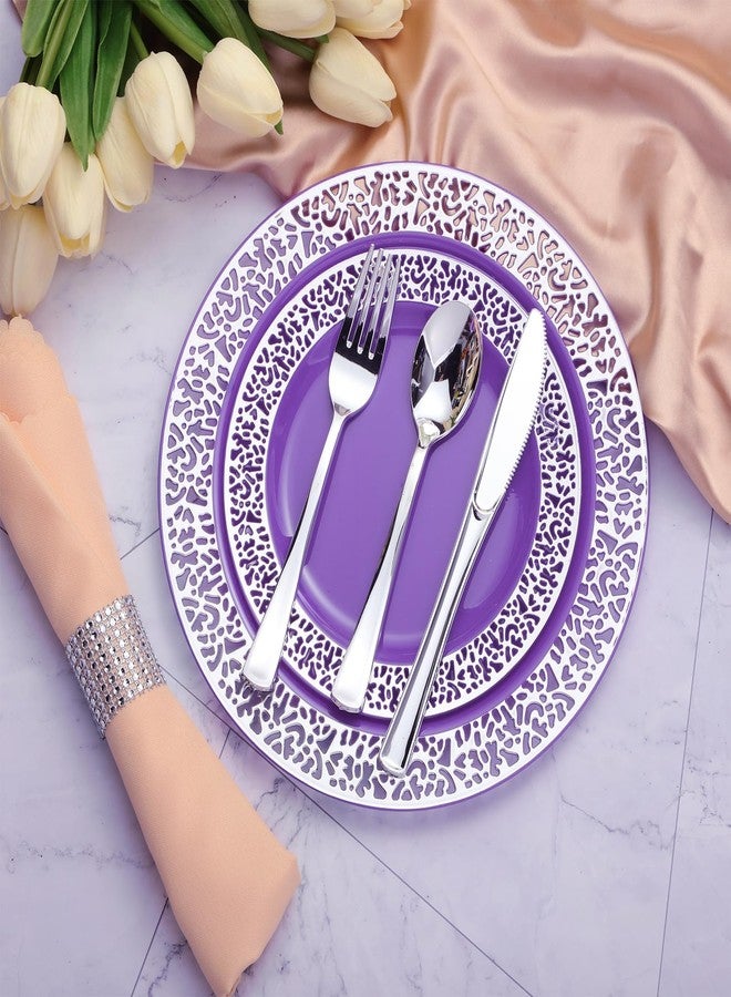 SiliFine 300 Pcs Purple Silver Plastic Dinnerware Set for 50 Guest Include 50 Lace Design Plate, 50 Knives, 50 Fork, 50 Spoon, 50 Napkin Buckle, Purple Disposable Dinner Plate for Wedding Party - Image 4