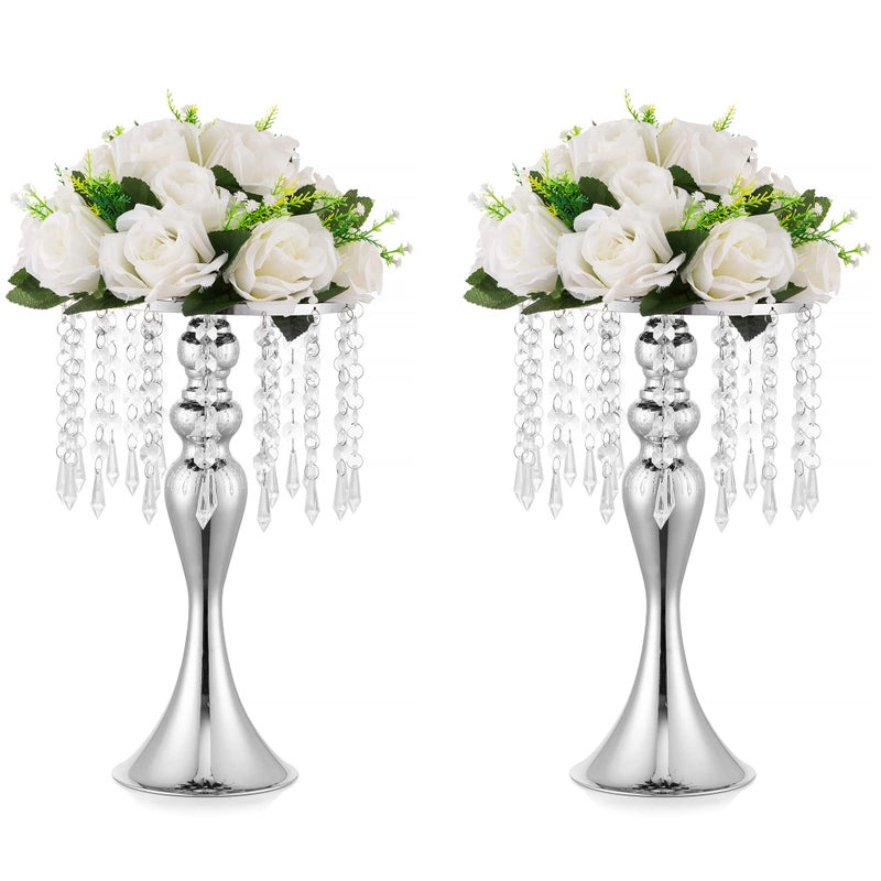2 Pcs Silver Vases for Centerpieces 138in Crystal Flower Arrangement Stand Wedding Centerpieces for Tables Tall Metal Flower Vase Holders for Wedding Event Reception Birthday Home Decor