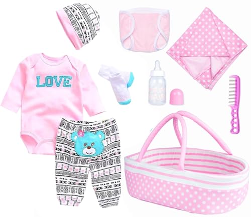 TatuDoll 9 Pcs Reborn Baby Girl Dolls Clothes Accessories Outfit with Pink Dot Bassinet for 1722 Inch Reborn Doll Newborn Baby Girl - Image 1
