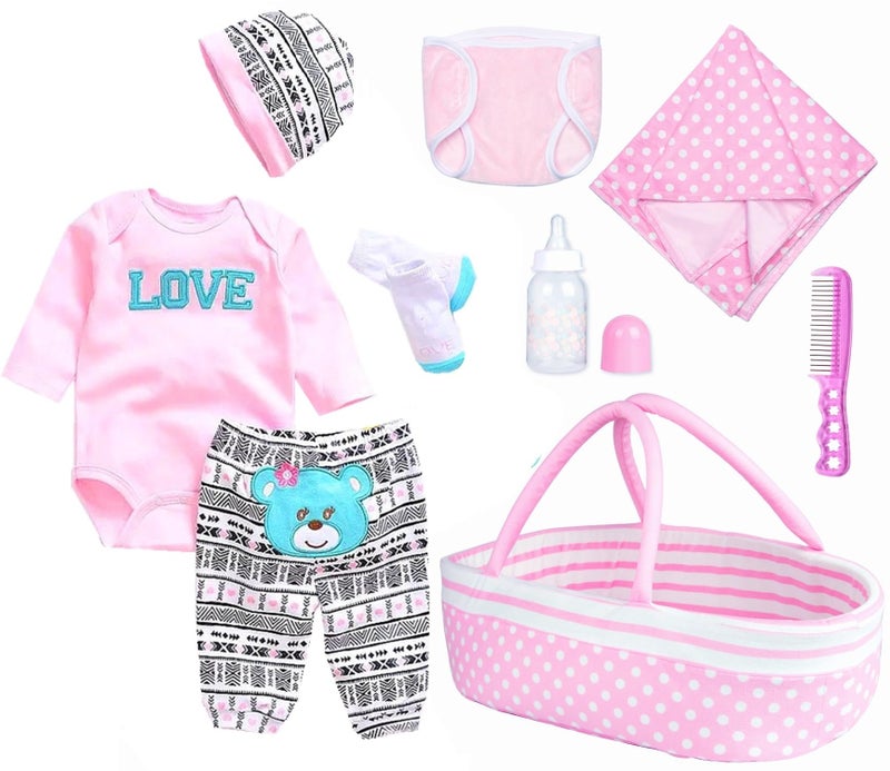 TatuDoll 9 Pcs Reborn Baby Girl Dolls Clothes Accessories Outfit with Pink Dot Bassinet for 1722 Inch Reborn Doll Newborn Baby Girl - Image 3