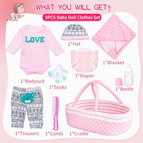TatuDoll 9 Pcs Reborn Baby Girl Dolls Clothes Accessories Outfit with Pink Dot Bassinet for 1722 Inch Reborn Doll Newborn Baby Girl - Image 5