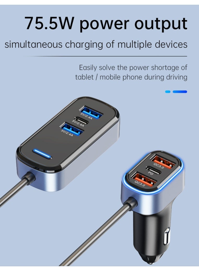 السيميا شاحن سيارة 6 في 1 بقوة 75.5 واط مع كابل تمديد 1.5 متر وتصميم مشبك خلفي، شحن سريع متعدد USB/Type-C، مصنوع من مادة PC V0 مقاومة للحريق للشحن الآمن، متوافق مع iPhone و iPad و Samsung Galaxy و AirPods وسماعات الأذن و Apple Watch - Image 4