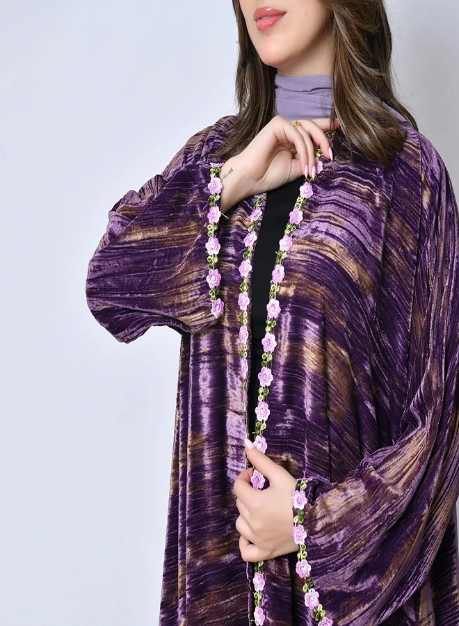 HAWRAA ABAYA Purple striped velvet winter abaya – luxury and elegance from Hawraa Abayas