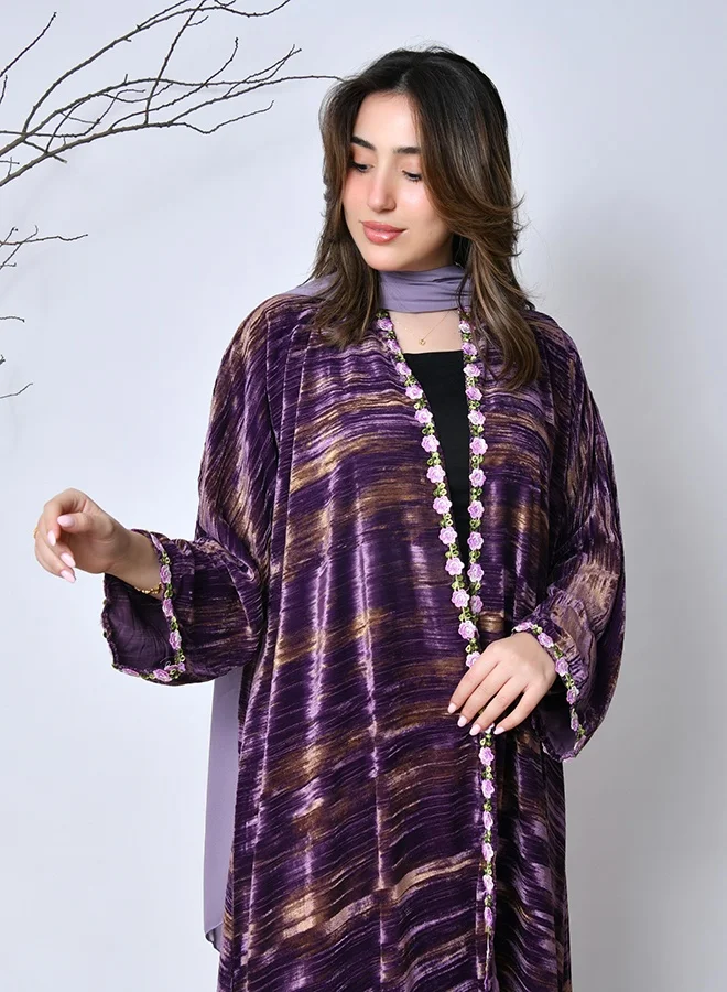 HAWRAA ABAYA Purple striped velvet winter abaya – luxury and elegance from Hawraa Abayas