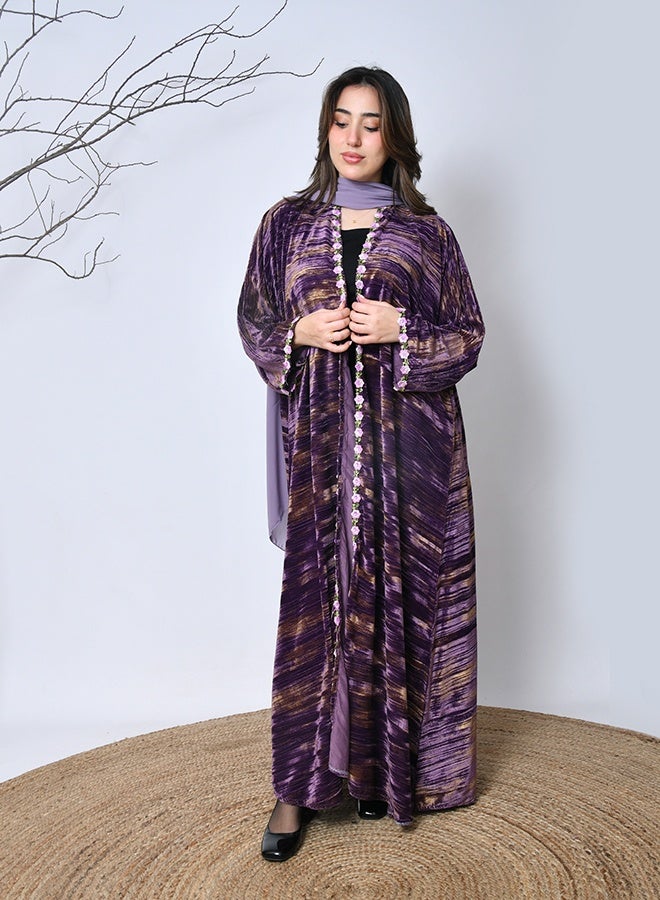 عبايات حوراء عباية شتوية بنفسجية مخملية مخططة – فخامة وأناقة من عبايات حوراء - Image 5