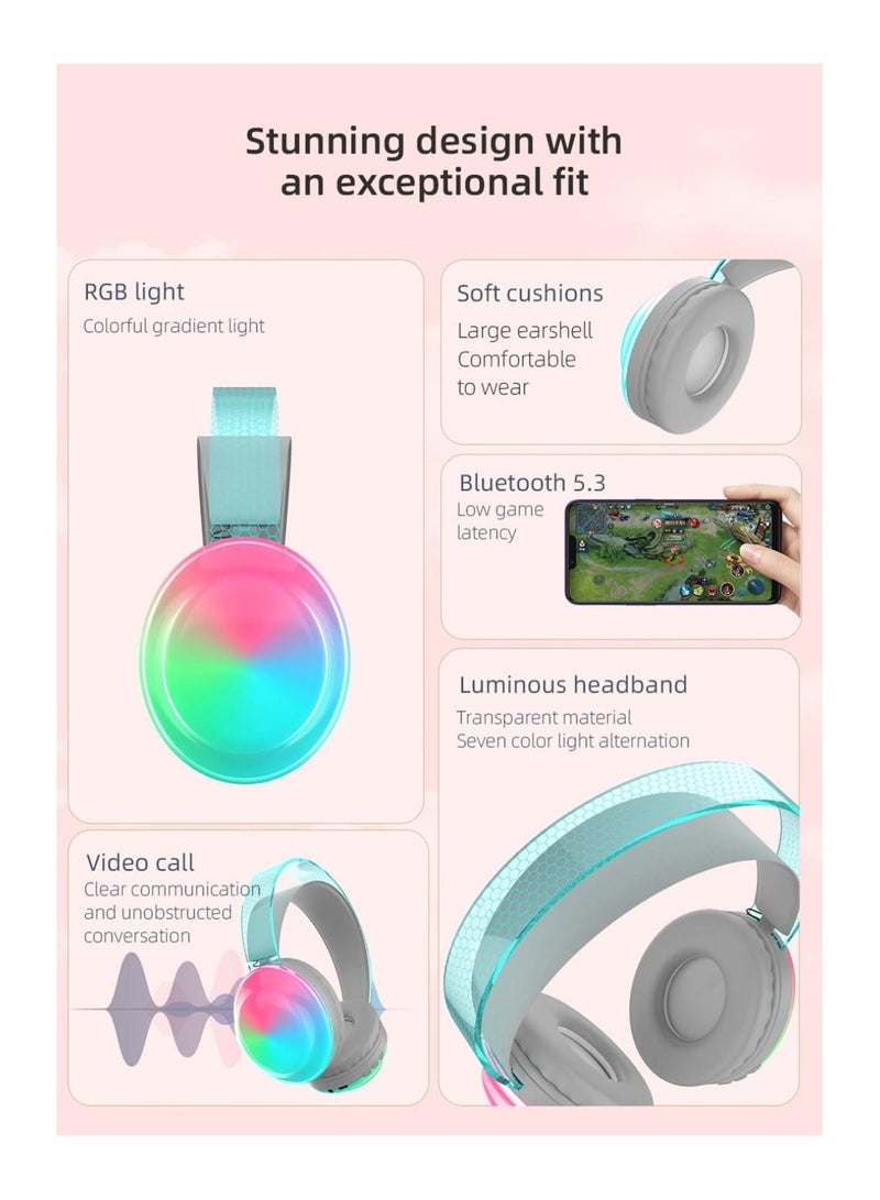 SYOSI Wireless Gaming Headset with RGB Light, Soft Cushions, Bluetooth 5.3, Luminous Headband, Noise Reduction, and HD Microphone for PC, PS4, PS5, Xbox, and More (White) - Image 2