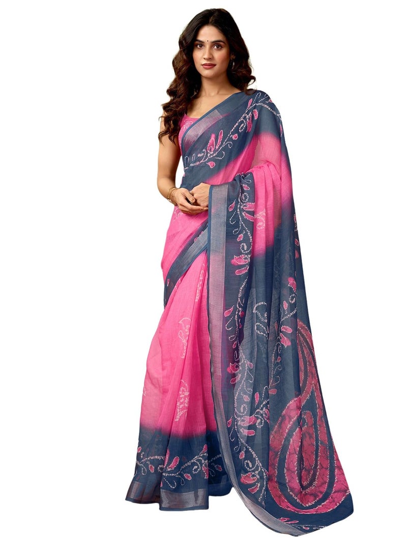 Satrani Women's Linen Zari Border Printed Ready To Wear One Minute Pre Pleated Readymade Saree with Unstitched Blouse Piece (34RS326N_Dark Pink & Dark Navy Blue) - Image 1