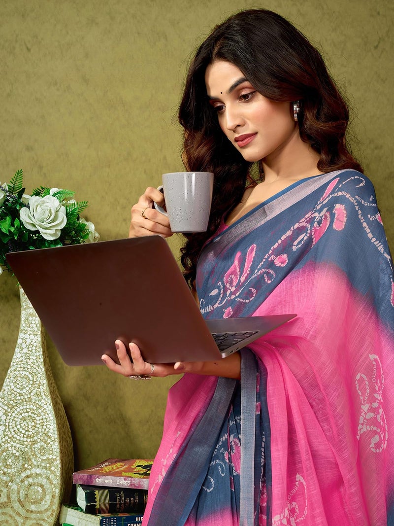 Satrani Women's Linen Zari Border Printed Ready To Wear One Minute Pre Pleated Readymade Saree with Unstitched Blouse Piece (34RS326N_Dark Pink & Dark Navy Blue) - Image 3