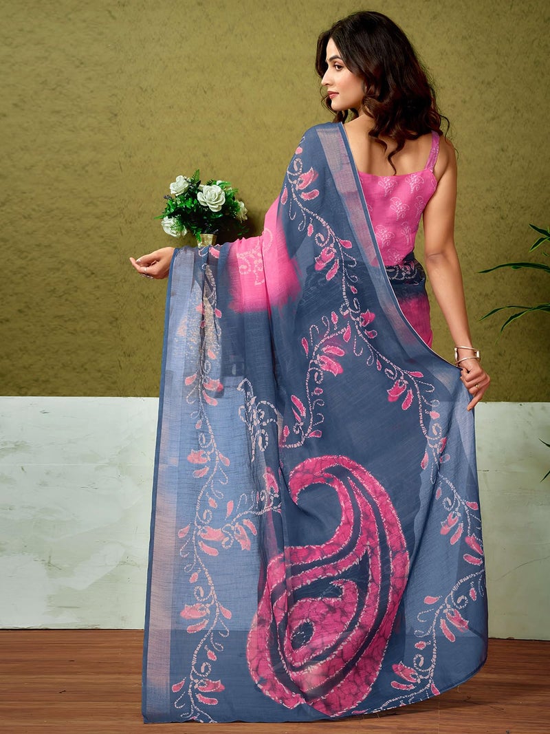 Satrani Women's Linen Zari Border Printed Ready To Wear One Minute Pre Pleated Readymade Saree with Unstitched Blouse Piece (34RS326N_Dark Pink & Dark Navy Blue) - Image 2
