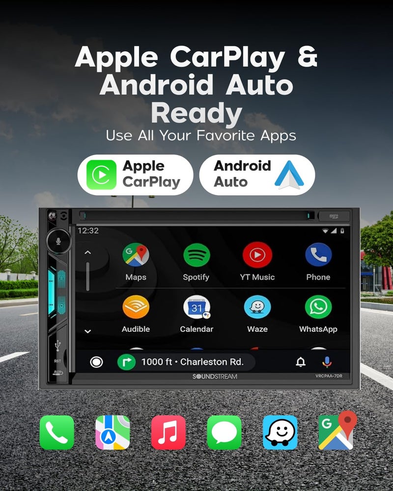 SOUNDSTREAM راديو سيارة ساوندستريم VRCPAA-7DR مزدوج DIN - شاشة تعمل باللمس 7 بوصة مع Apple CarPlay و Android Auto، راديو سيارة بلوتوث، مستقبل راديو AM/FM، USB، SD و مشغل CD/DVD - Image 2