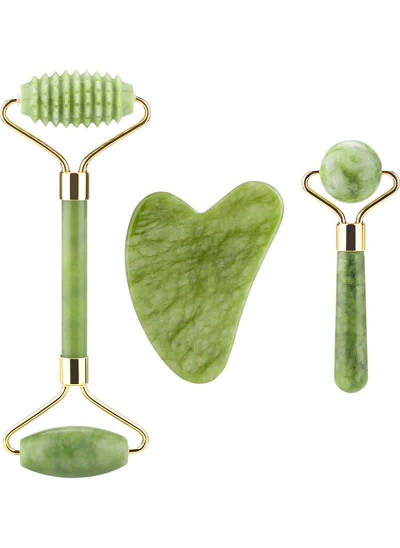 Chillspace Jade Roller and Gua Sha for Face-3 in 1 Kit with Facial Massager Tool,100% Real Natural Jade Stone Anti Aging, Face Beauty Set For  Puffiness and Redness Reducing Skin Care Routine And Eye Anti -Wrinkle  - Green  - Image 1