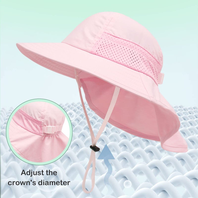 XIAOHAWANG Girls Sun Hat Baby Beach Hats Boys UPF 50+ Kids Summer Protection Cap Toddler Breathable Caps Wide Brim (6-12Months, Pink) - Image 3