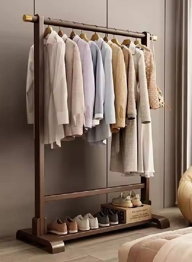كيكي شماعة ملابس خشبية بلمسة نهائية من خشب الجوز مع قضيب تعليق سميك وخطاف جانبي منظم ملابس مستقل مع رف تخزين مقاس 163 سم 120 سم 40 سم - Image 1