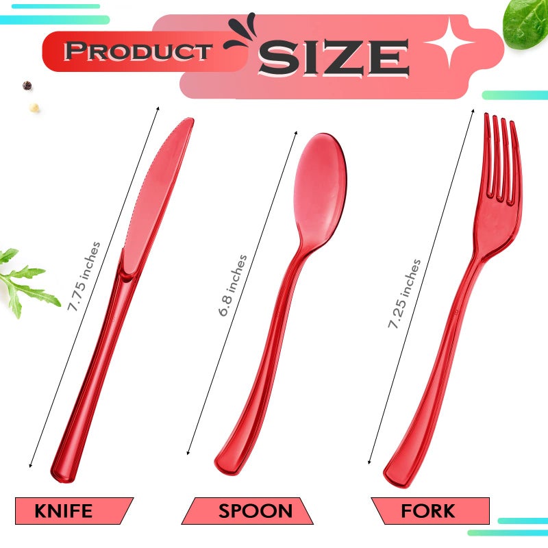 Minatee 150 Pieces Disposable Cutlery Set Plastic Silverware Heavy Duty Utensil Sets 50 Forks 50 Knives 50 Spoons for Home Office School Party Picnics Restaurant Outdoor Events or Every Day Use (Red) - Image 2