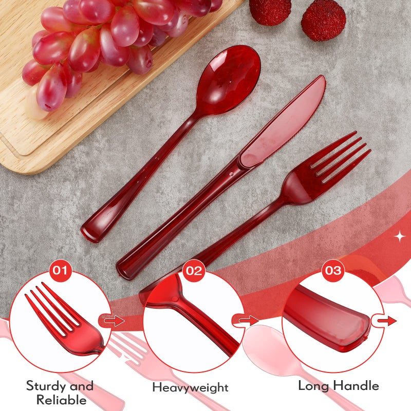 Minatee 150 Pieces Disposable Cutlery Set Plastic Silverware Heavy Duty Utensil Sets 50 Forks 50 Knives 50 Spoons for Home Office School Party Picnics Restaurant Outdoor Events or Every Day Use (Red) - Image 3