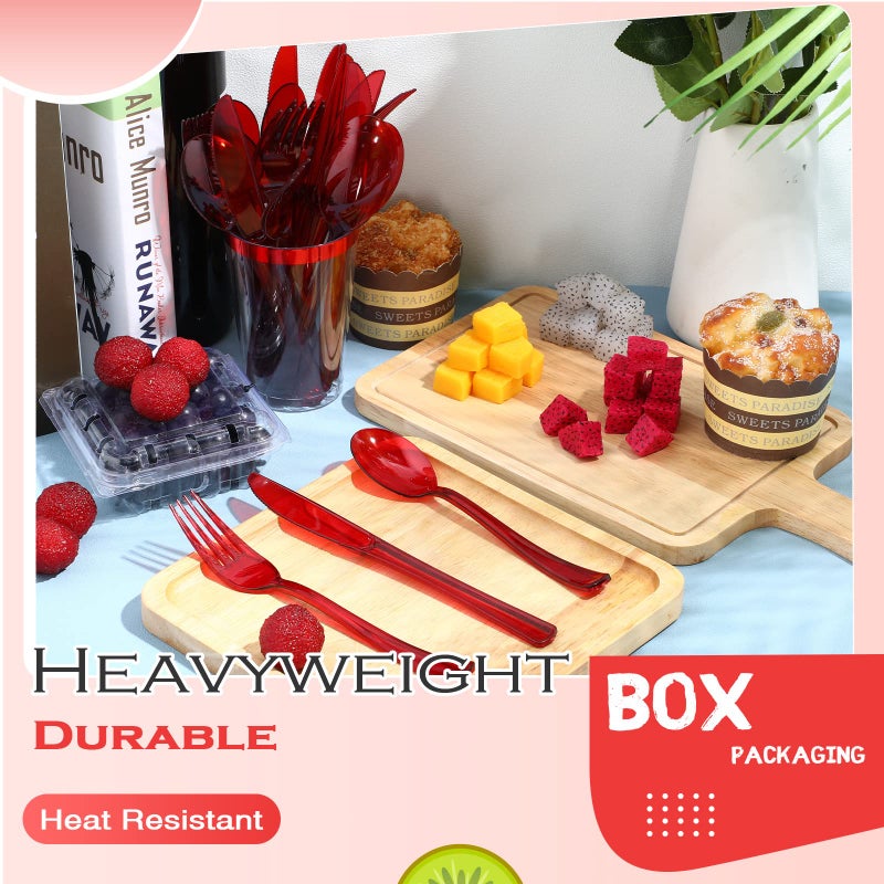 Minatee 150 Pieces Disposable Cutlery Set Plastic Silverware Heavy Duty Utensil Sets 50 Forks 50 Knives 50 Spoons for Home Office School Party Picnics Restaurant Outdoor Events or Every Day Use (Red) - Image 5