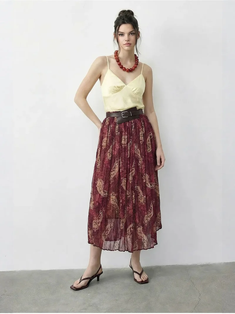 Bianco Lucci Mauve Purple LUCCI High Waist Paisley Maxi Skirt with Belt for Women | Best Price UAE