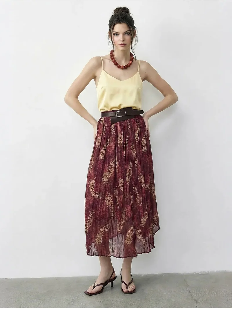 LUCCI High Waist Paisley Maxi Skirt with Belt