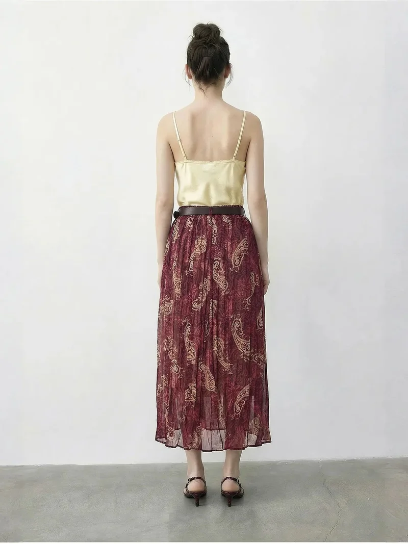 Bianco Lucci Mauve Purple LUCCI High Waist Paisley Maxi Skirt with Belt for Women | Best Price UAE