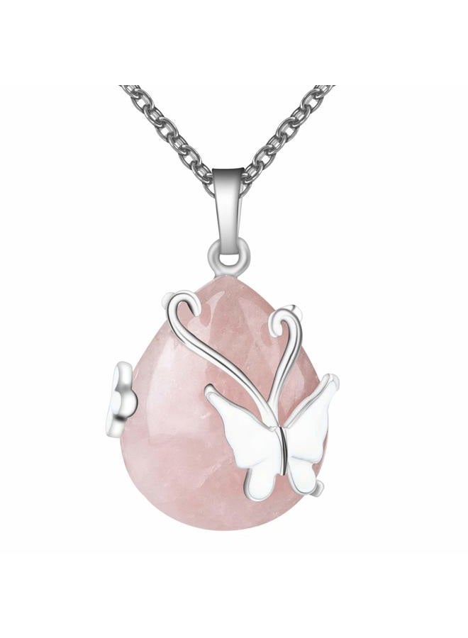 Bivei Vintage Wire Wrap Butterfly Gemstone Rose Quartz Amethyst Opalite Healing Crystal Pendant Necklace(Rose Quartz) - Image 1
