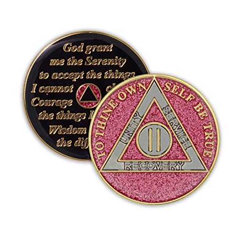2 Year Sobriety Coin Glitter Triplate AA Chip Recovery Anniversary Token Pink