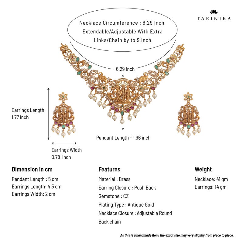 TARINIKA Antique Gold Plated Samaira Short Necklace Set with Floral Design - Indian Jewelry Sets for Women | Perfect for Ethnic Occasions | Traditional south Indian necklace | 1 Year Warranty* - Image 4