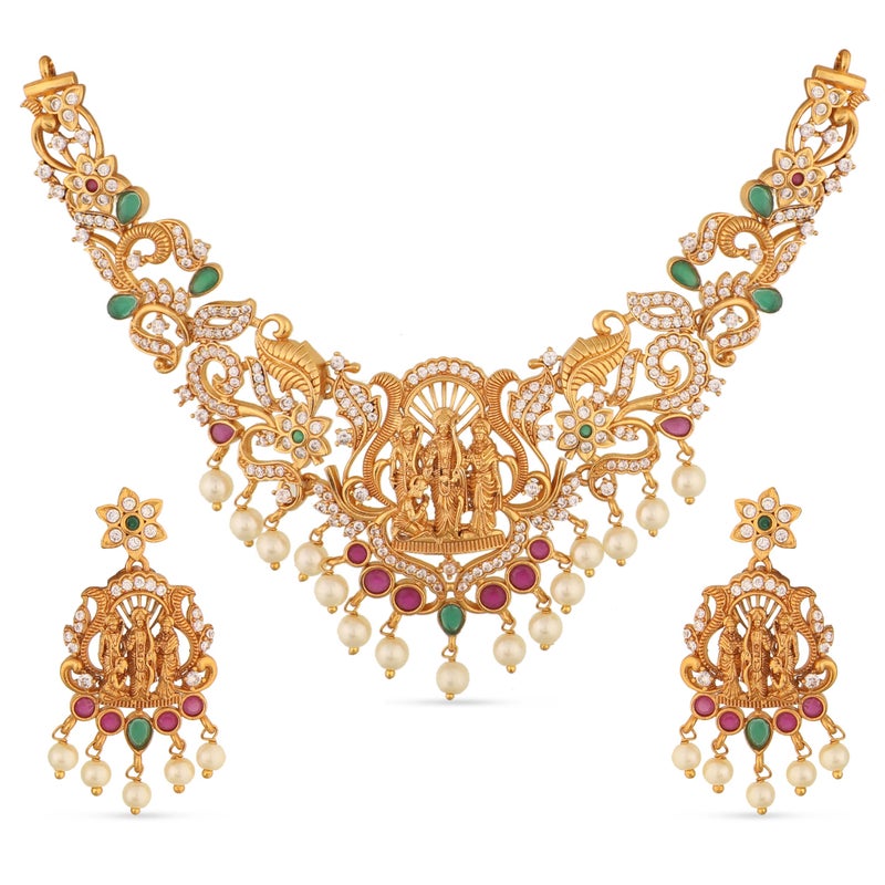 TARINIKA Antique Gold Plated Samaira Short Necklace Set with Floral Design - Indian Jewelry Sets for Women | Perfect for Ethnic Occasions | Traditional south Indian necklace | 1 Year Warranty* - Image 1