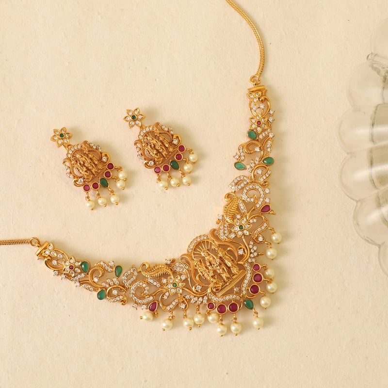 TARINIKA Antique Gold Plated Samaira Short Necklace Set with Floral Design - Indian Jewelry Sets for Women | Perfect for Ethnic Occasions | Traditional south Indian necklace | 1 Year Warranty* - Image 3