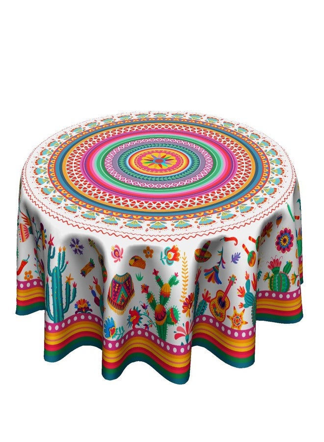 Granbey Colorful Mexico Round Table Cloth - Mexican Floral Tablecloth Cactus Stripes Lines Native Art Table Cover for Kitchen Party Picnic Dining Decor 60 Inch - Image 1