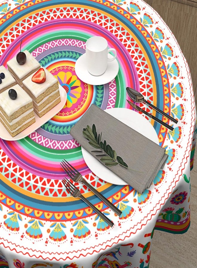 Granbey Colorful Mexico Round Table Cloth - Mexican Floral Tablecloth Cactus Stripes Lines Native Art Table Cover for Kitchen Party Picnic Dining Decor 60 Inch - Image 5