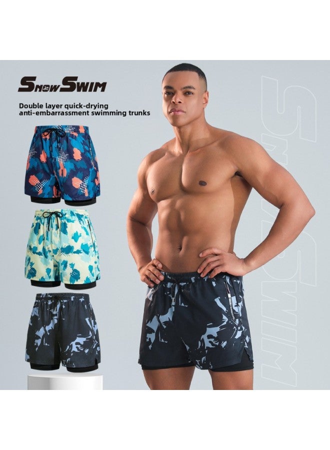 Loquat Adult Swimming Trunks Men's Boxer Five-point Swimsuit Suit Anti-embarrassment Professional Beach Adult Swimming Equipment-Color:Double-layer Yellow-green Printed Swimming Trunks (zipper)- - Image 2