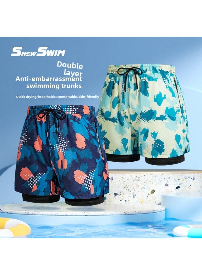 Loquat Adult Swimming Trunks Men's Boxer Five-point Swimsuit Suit Anti-embarrassment Professional Beach Adult Swimming Equipment-Color:Double-layer Yellow-green Printed Swimming Trunks (zipper)- - Image 4