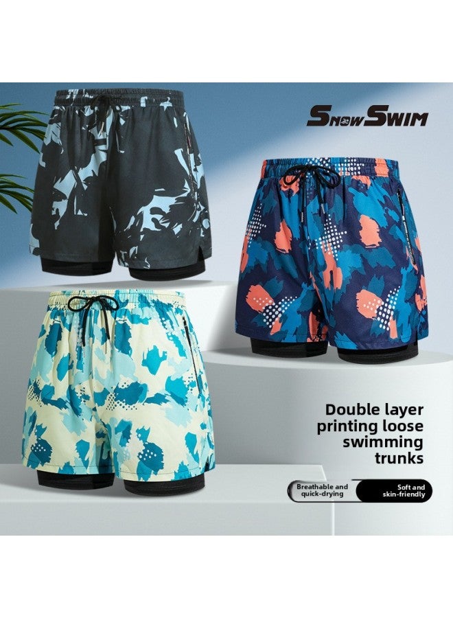 Loquat Adult Swimming Trunks Men's Boxer Five-point Swimsuit Suit Anti-embarrassment Professional Beach Adult Swimming Equipment-Color:Double-layer Yellow-green Printed Swimming Trunks (zipper)- - Image 3