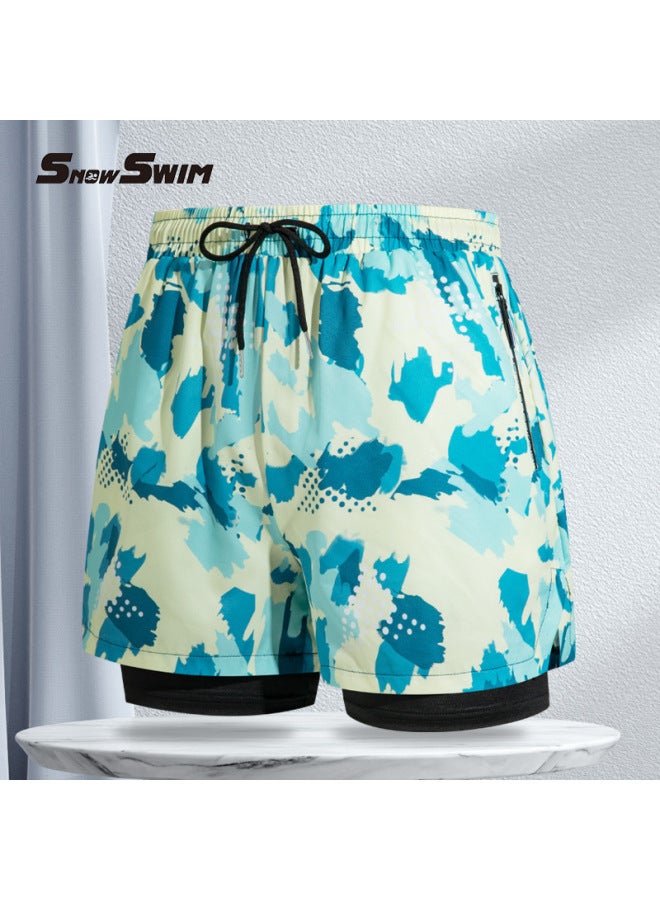 Loquat Adult Swimming Trunks Men's Boxer Five-point Swimsuit Suit Anti-embarrassment Professional Beach Adult Swimming Equipment-Color:Double-layer Yellow-green Printed Swimming Trunks (zipper)- - Image 1