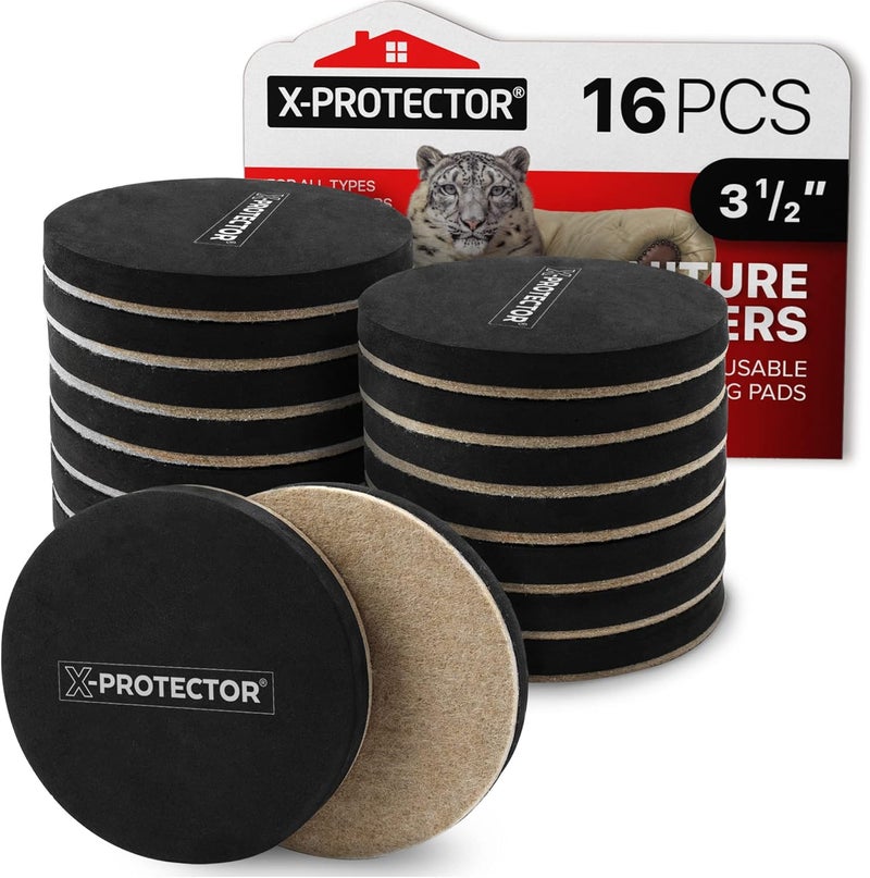 X-Protector زلاجات أثاث من الفelt للأرضيات الخشبية - 16 قطعة 3 1/2" زلاجات أثاث - زلاجات ثقيلة من الفelt للأسطح الصلبة - انقل أثاثك بسهولة وأمان!  - Image 1