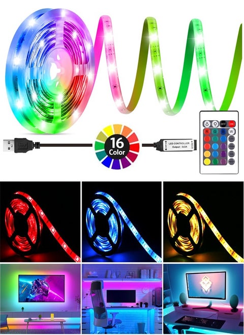 أضواء شريط LED RGB لغرفة النوم - متعددة الألوان مع جهاز تحكم عن بعد، يعمل بمنفذ USB، مقاومة للماء، مصابيح LED مثالية لغرفة النوم، والتلفزيون، وأجهزة الكمبيوتر المكتبية، وتزيين حوض السمك. شريط إضاءة حا