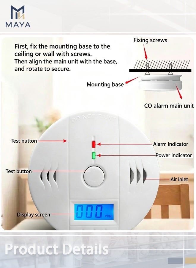 Maya 2 Pcs Carbon Monoxide Detector (CO Detector) - Digital LCD Display with Audible Alarm, Portable Gas Leak Sensor for Home, Kitchen, Bedroom, Indoor Safety Monitor - Image 5