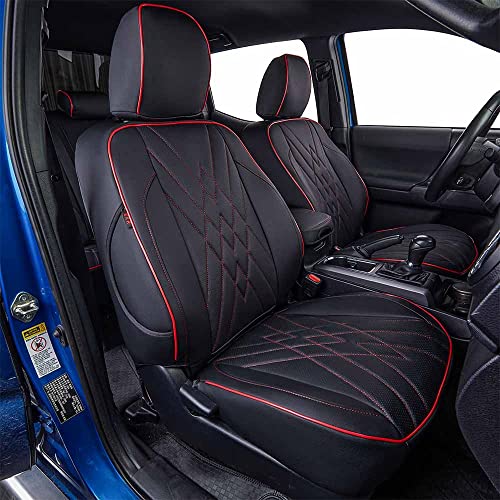 EKR Custom Fit Tacoma Car Seat Covers for Select Toyota Tacoma 2016 2017 2018 2019 2020 2021 2022 2023 Double Cab/Extended Cab/Crew Cab - Full Set,Leather(Black with Red Trim) - Image 1