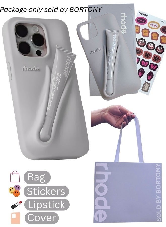 rhode - Phone Case Combo for iPhone 16 Pro Max – Peptide Lip Gloss + Stylish Salty Tan Silicone Case with Tote Bag & Stickers | All-in-One Gift Set for Girls & Women | Perfect for Birthdays, Holidays & Special Occasions – Complete Accessory Kit (Grey) - Image 1