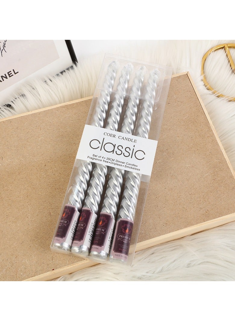 10 inch cone-shaped spiral candle, set of 4 cone-shaped candles, 8 hours, smoke-free, long candle, high candle holder, family dinner, party, wedding (4 candles, silver, 25cm) - Image 1