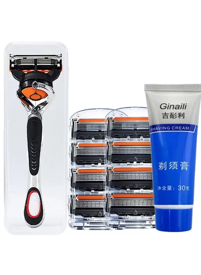 مجموعة استبدال شفرات حلاقة رجالية مكونة من 8 قطع، تأتي مع كريم حلاقة ومقبض مجاني - شفرات فولاذية مقاومة للصدأ حادة جداً لحلاقة ناعمة، تشمل رؤوس شفرات قابلة للاستبدال، شفرات حلاقة مزدوجة الحافة، وأمشاط حلاقة للسفر