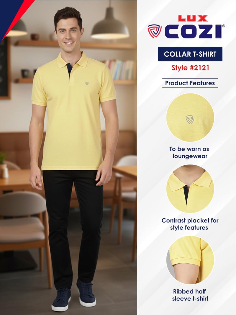 Lux Cozi Men's Pack of 1 Yellow Regular Fit Polo Neck Half Sleeve Solid Casual T-Shirt (Size : Large)_COZI_2121_YLW_L_1PC - Image 2